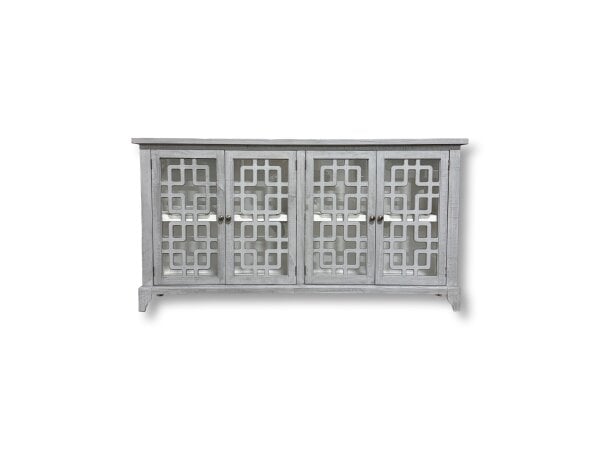 Gray wooden sideboard with geometric glass doors