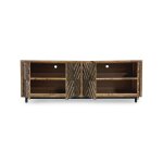 Wooden media console with chevron-patterned doors open