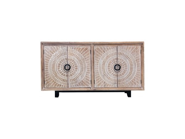 Wooden sideboard with carved circular geometric patterns