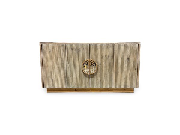Textured wooden cabinet with circular tree motif handles