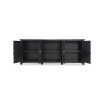 Black wooden sideboard cabinet with open doors