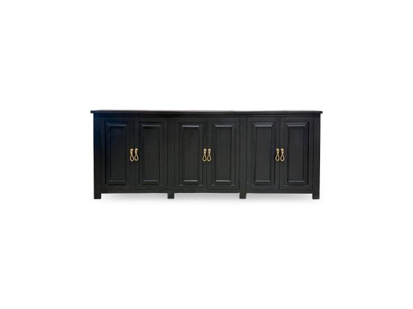 Black paneled sideboard with brass loop handles