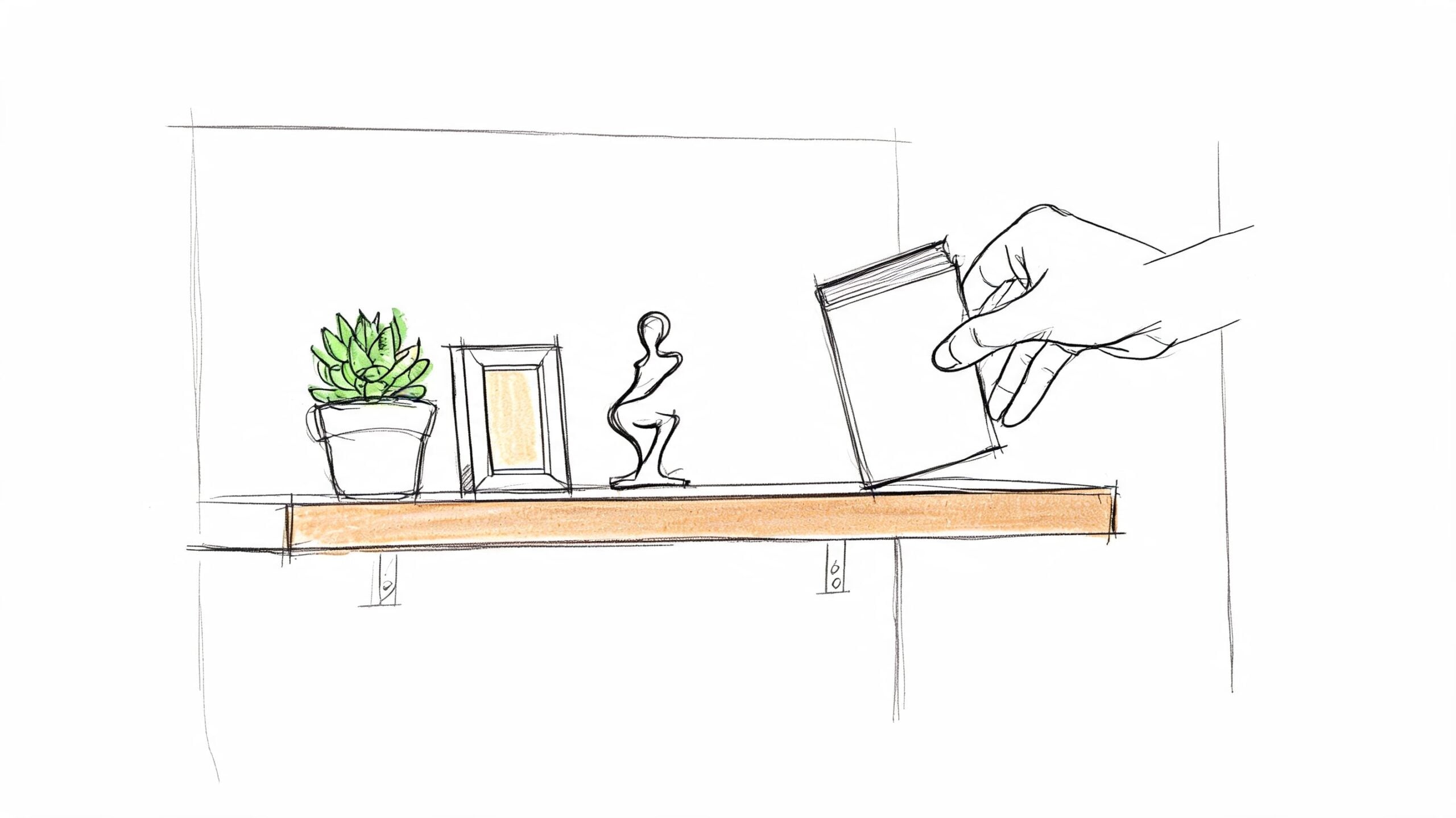 A hand placing a book onto a minimalist wooden floating shelf featuring decor items like a plant.