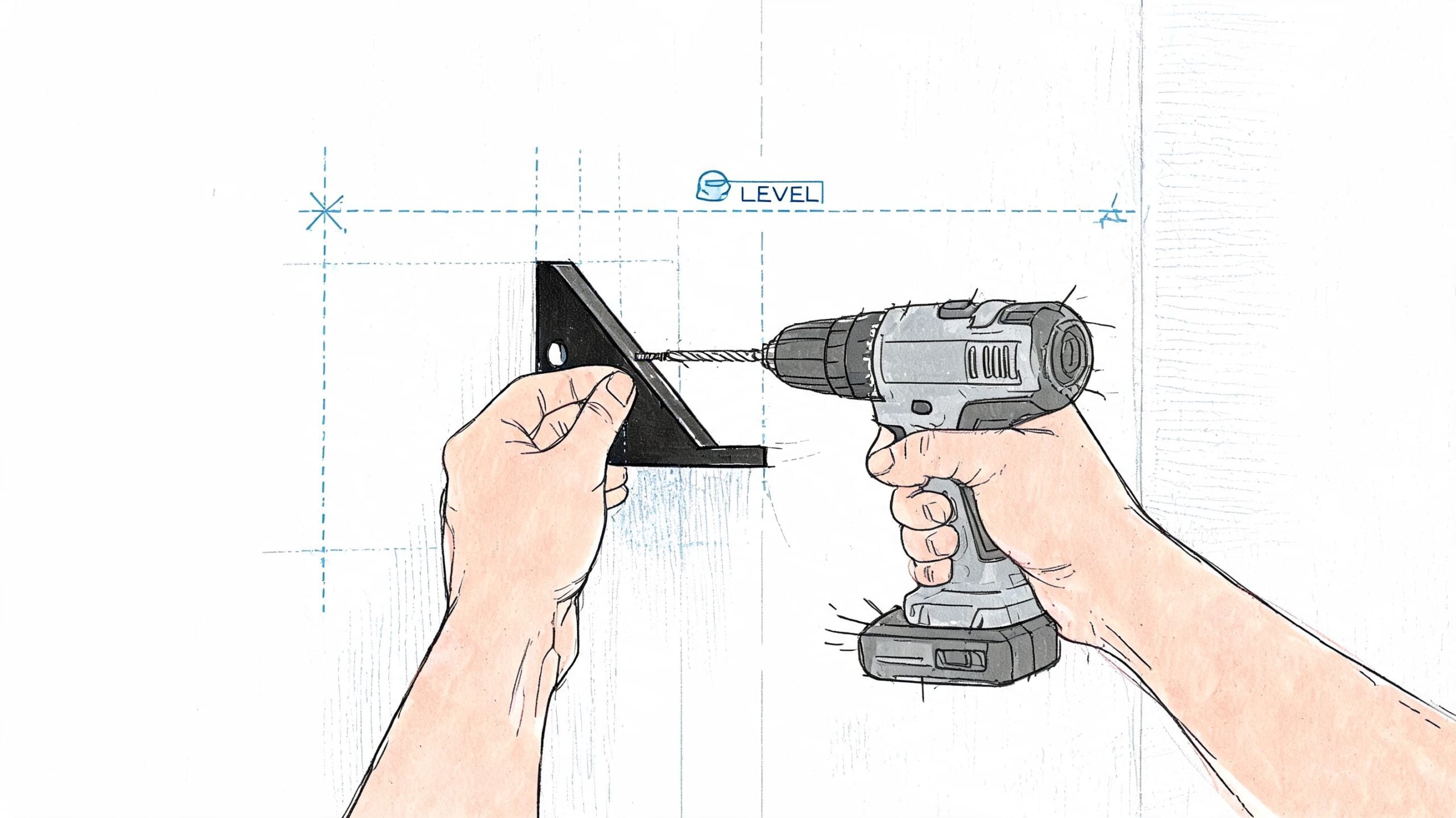 A hand-drawn illustration showing a person using a drill to install a black metal wall bracket.