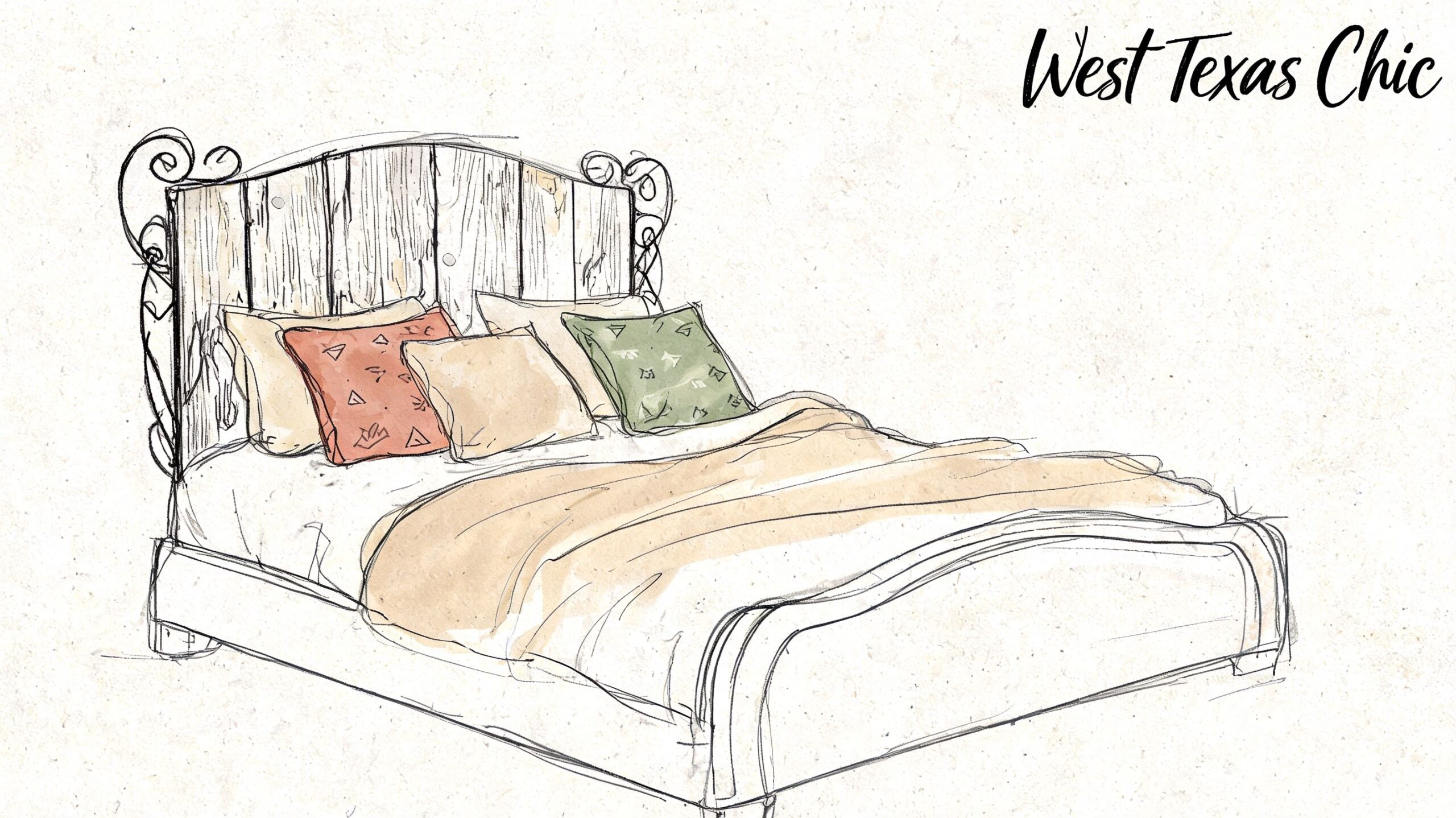 A artistic sketch of a bed featuring a rustic wood headboard and ornate metal scrollwork accents.