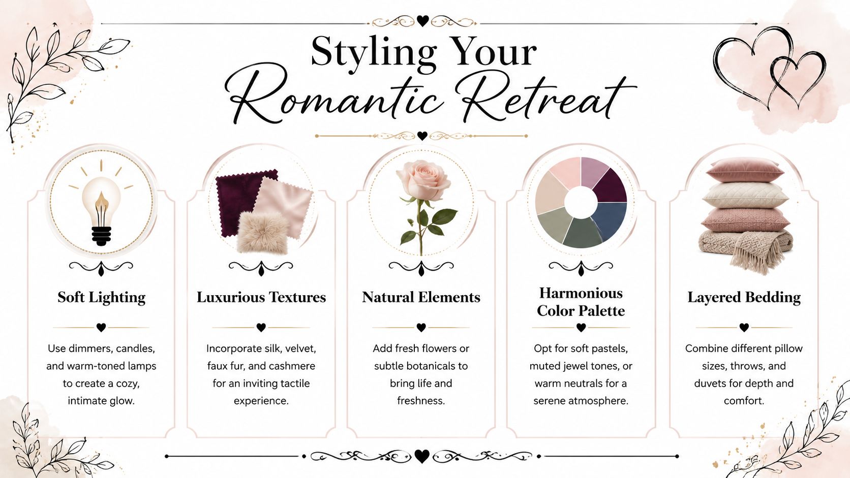An infographic titled Styling Your Romantic Retreat with five tips on creating a cozy bedroom atmosphere.