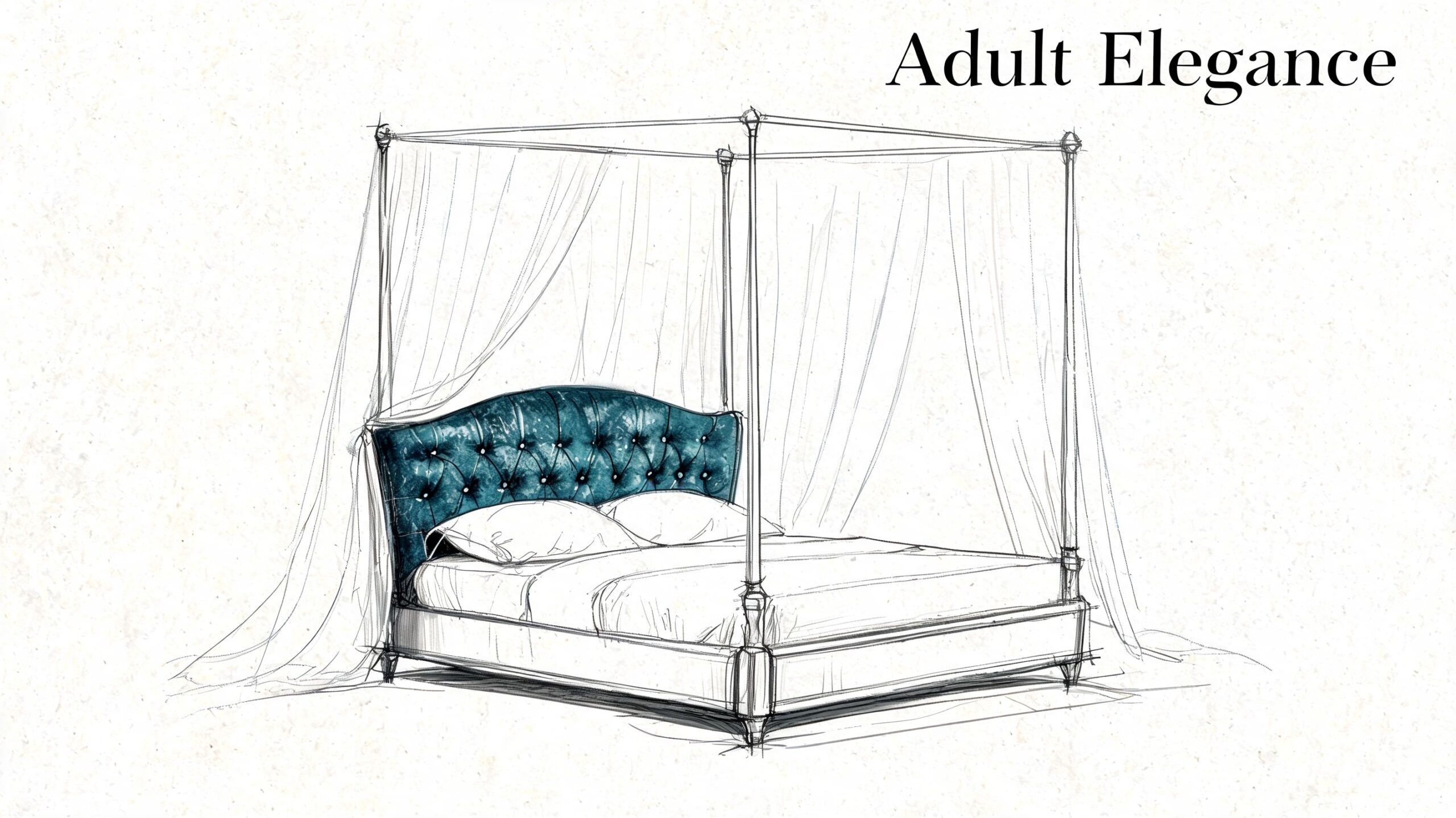 A detailed artistic sketch of a canopy bed featuring a tufted teal headboard and sheer white drapes.