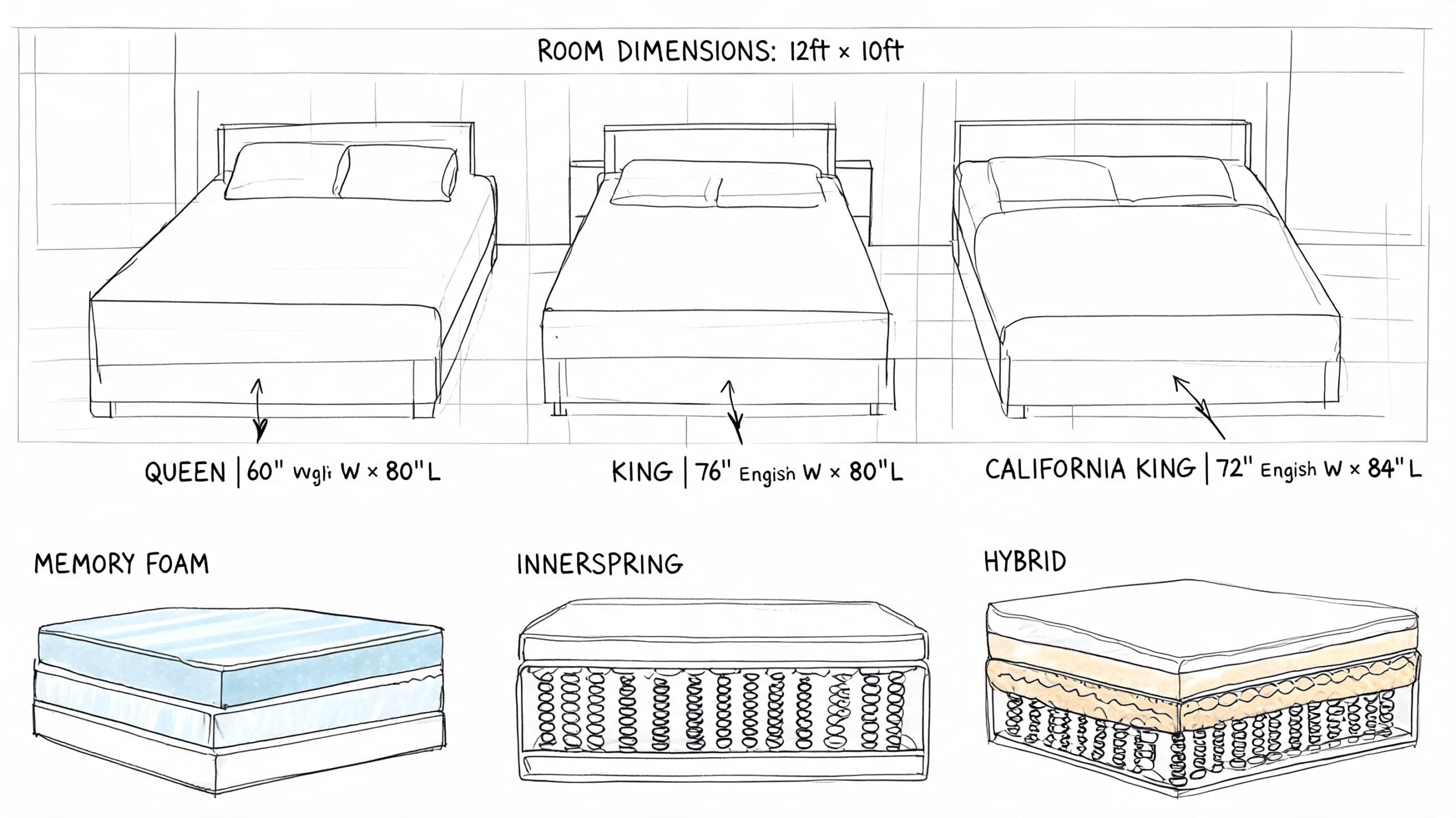 A diagram illustrating different mattress sizes and types including memory foam, innerspring, and hybrid models.