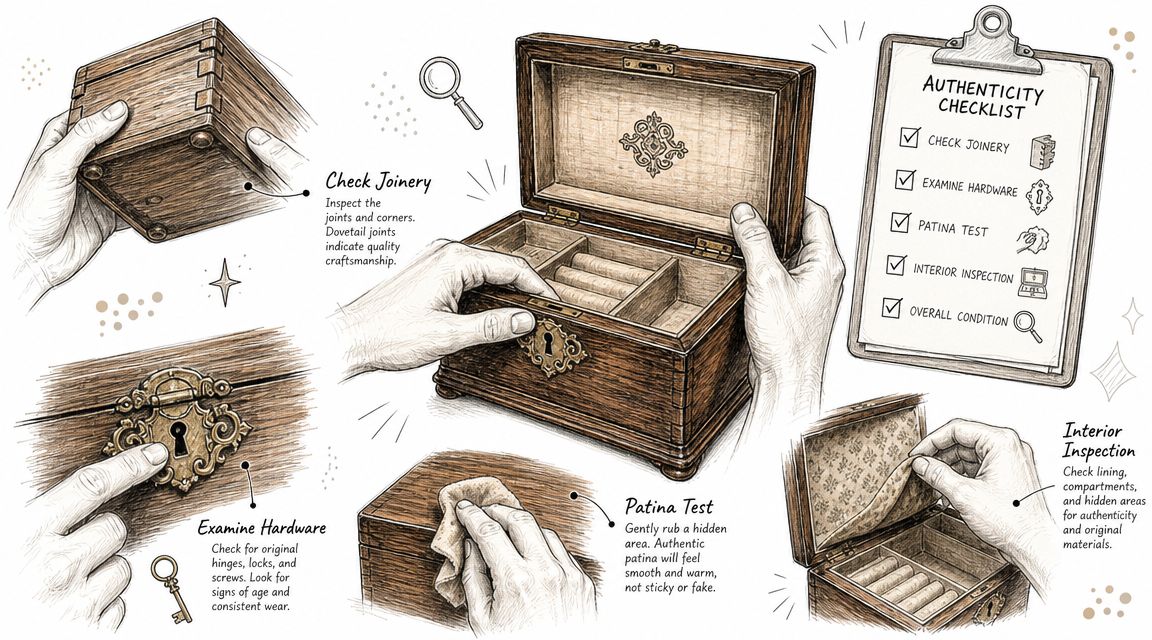A detailed instructional illustration showing how to examine an antique wood jewelry box for authenticity.