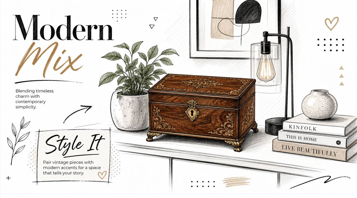 A hand-drawn illustration featuring an antique wooden jewelry box, a houseplant, a lamp, and decorative books.