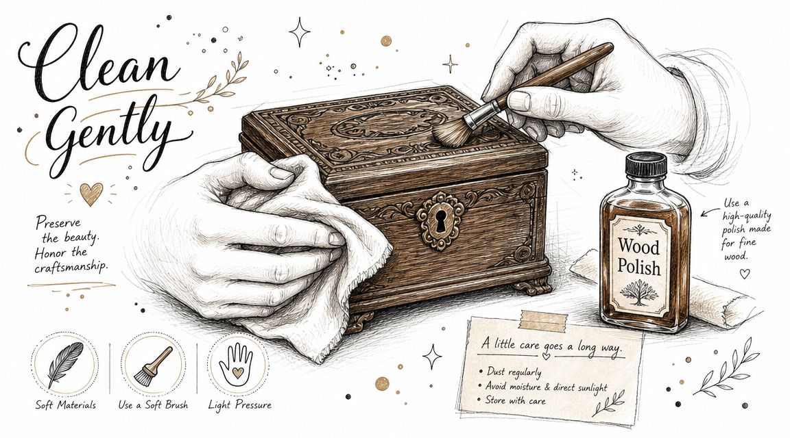 A detailed illustration demonstrating how to gently clean and care for a decorative antique wood box.