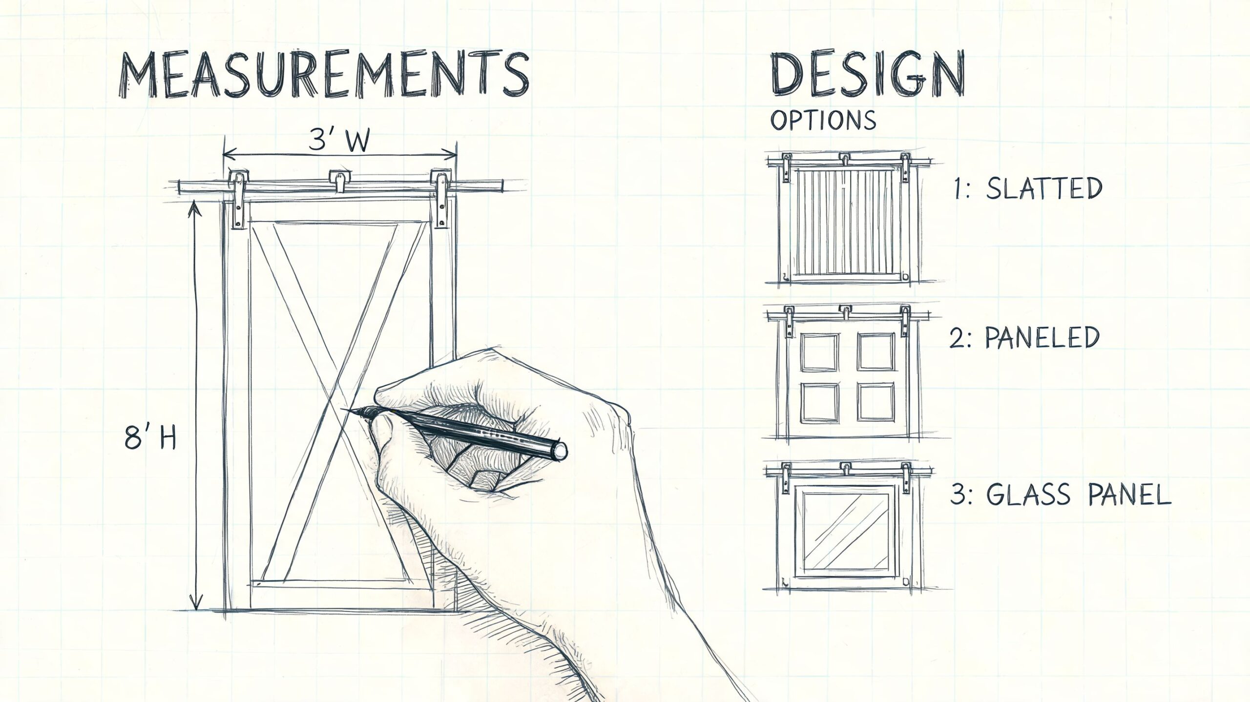 A hand drawing a barn door sketch on grid paper with measurements and design options displayed.