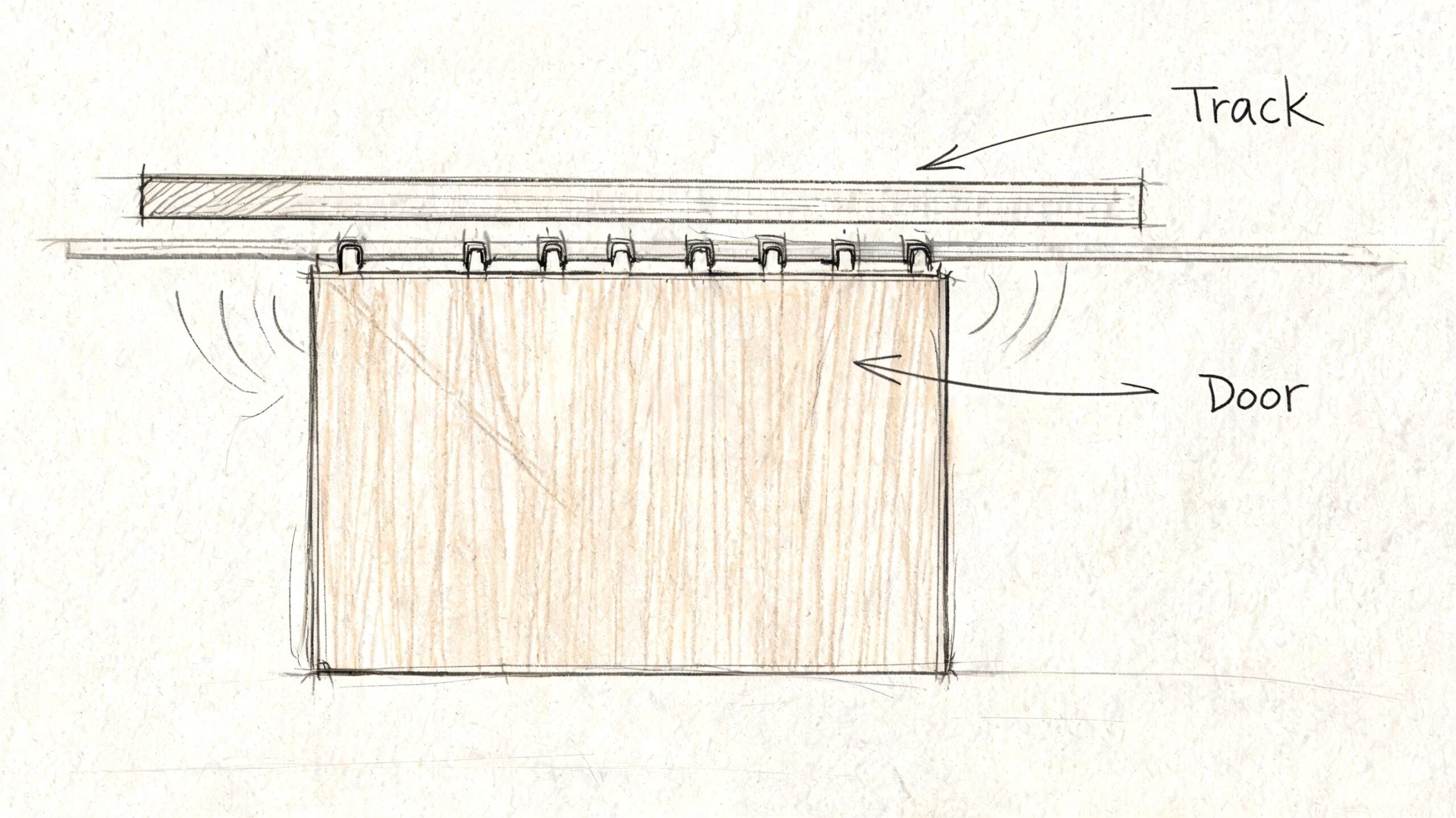 A hand-drawn sketch showing a sliding barn door attached to a top-mounted metal track rail.