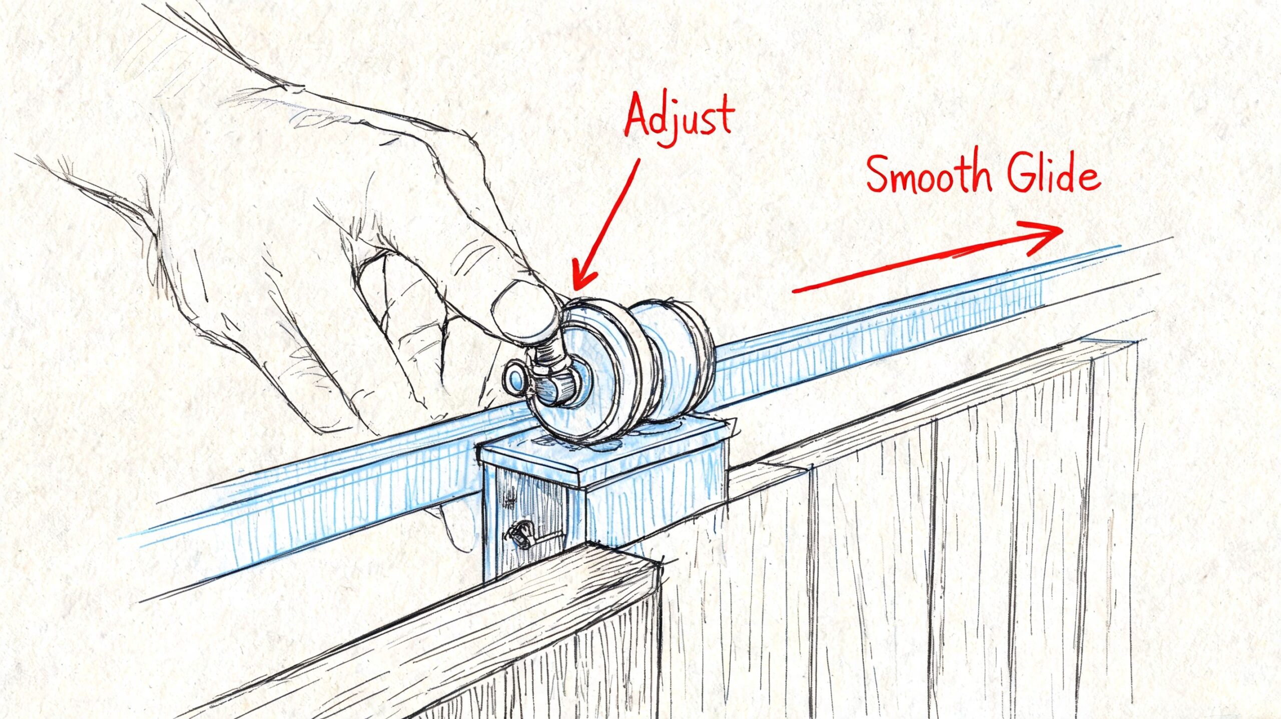 A hand adjusts the roller wheel mechanism on a sliding barn door track for smooth movement.