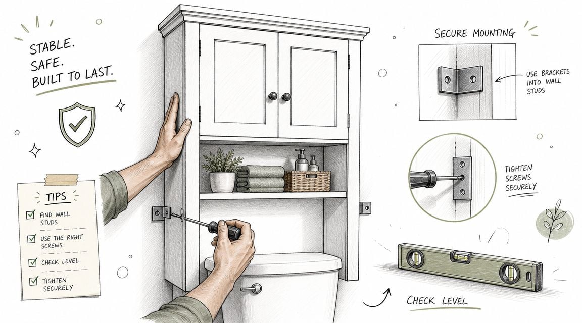 A hand-drawn illustration showing steps for securely mounting an over-the-toilet storage cabinet to bathroom wall studs.