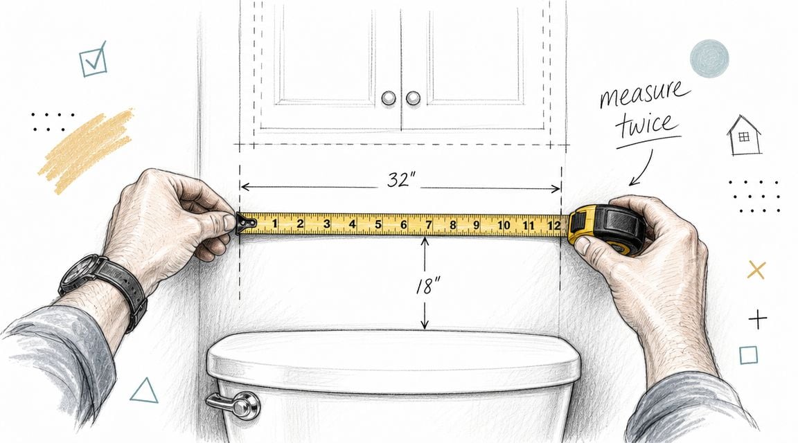 A person measuring the space above a toilet for a bathroom over the toilet cabinet installation.
