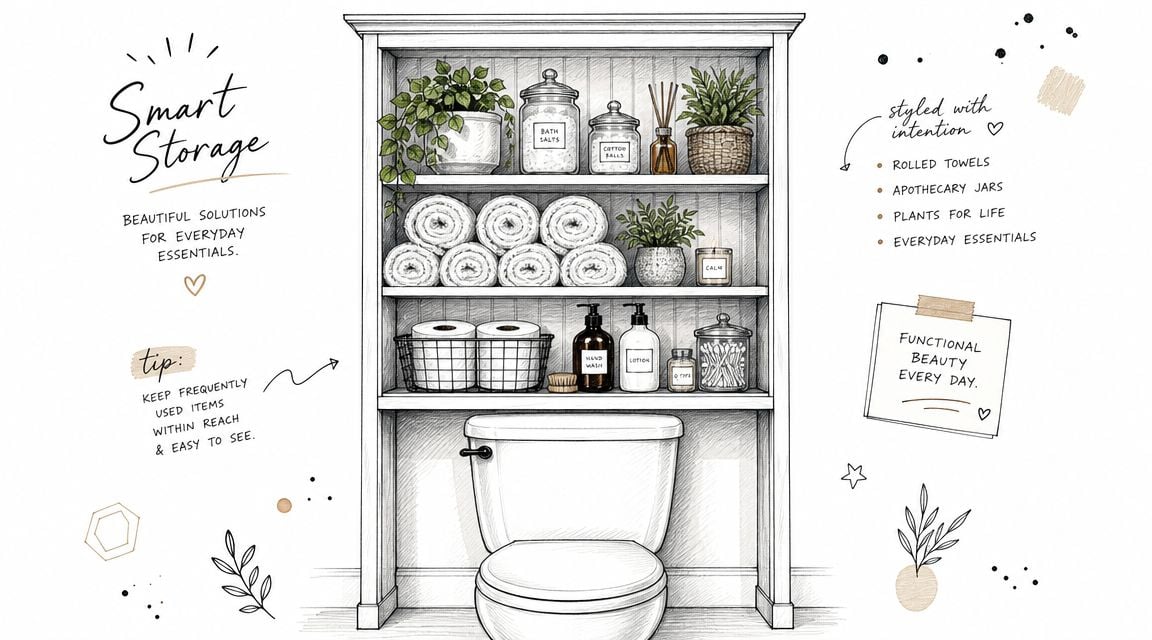 A line-drawn illustration of a bathroom over-the-toilet storage cabinet neatly organized with towels, plants, and toiletries.