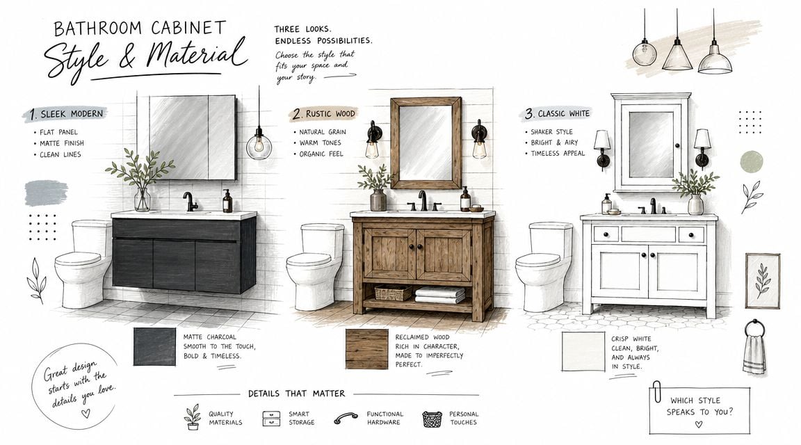 A design guide illustration comparing three distinct bathroom vanity styles featuring modern, rustic, and classic aesthetics.