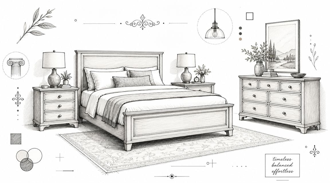 A detailed pencil sketch of a classic bedroom furniture set including a bed, nightstands, and a dresser.