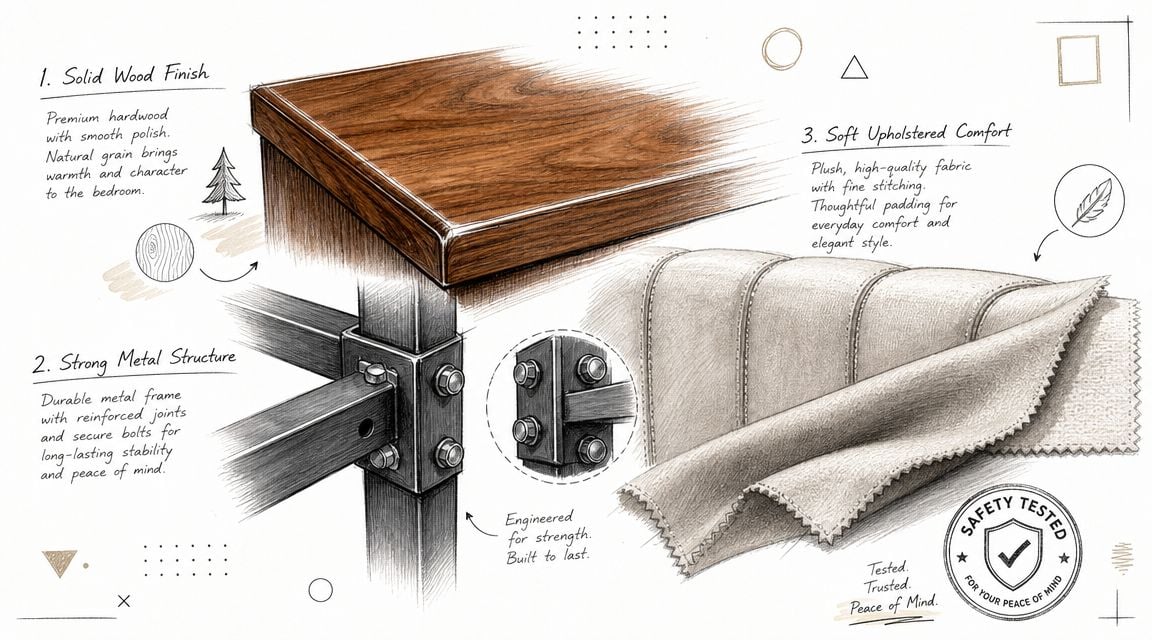 A detailed technical illustration highlighting the quality materials of a bed, including wood, metal, and upholstery.