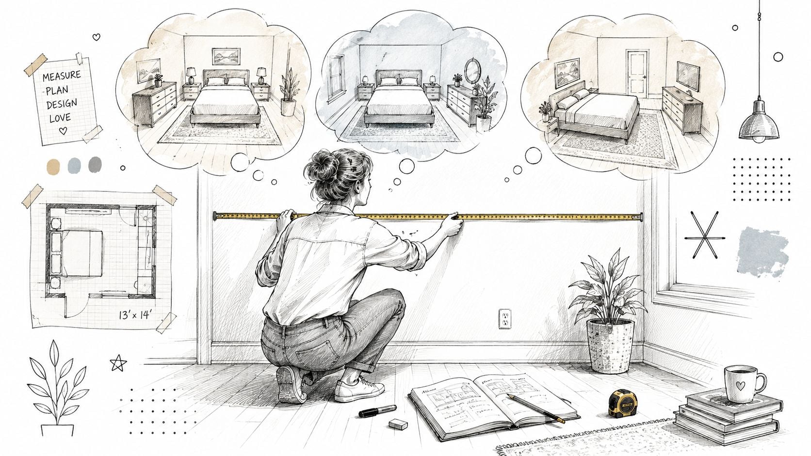 A person kneeling on a floor measuring a wall for new bedroom sets with storage interior design.