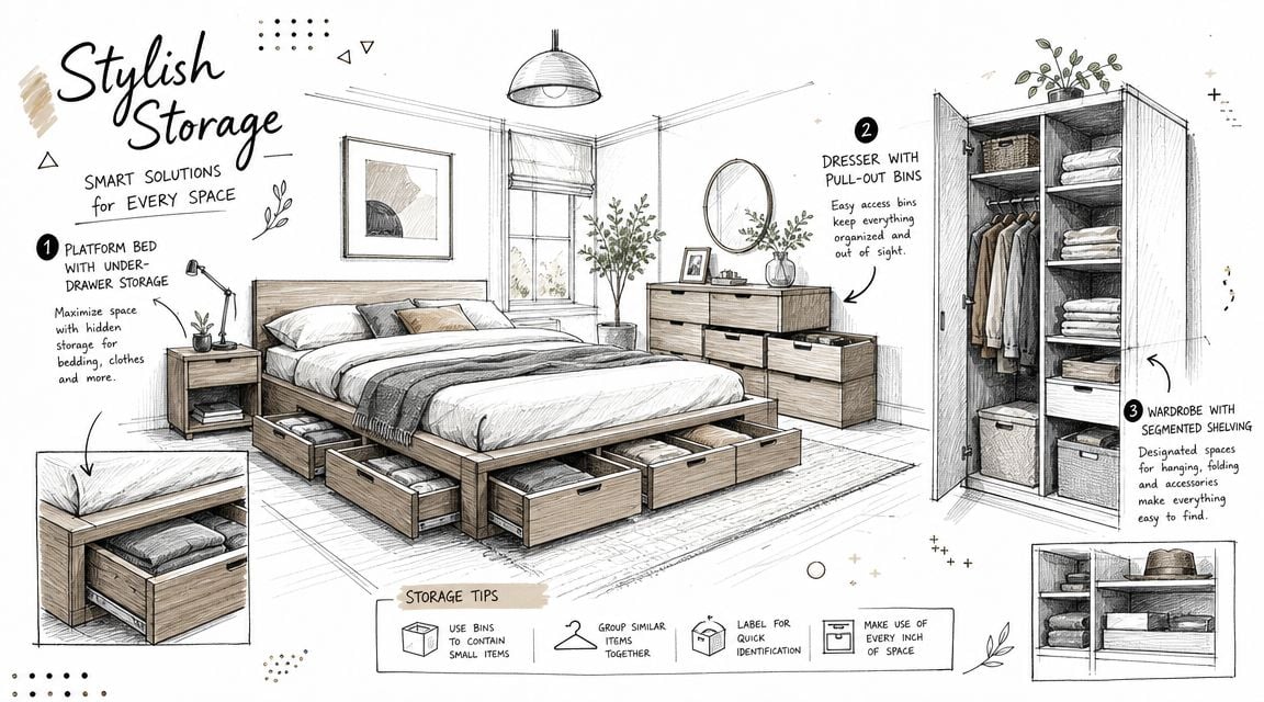 A detailed bedroom sketch demonstrating organized furniture storage solutions like under-bed drawers, a dresser, and a wardrobe.