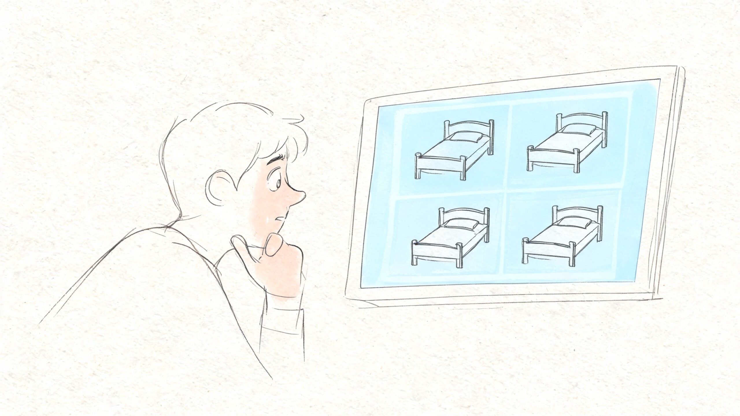 A contemplative young person looking at a screen displaying four simple illustrations of beds.
