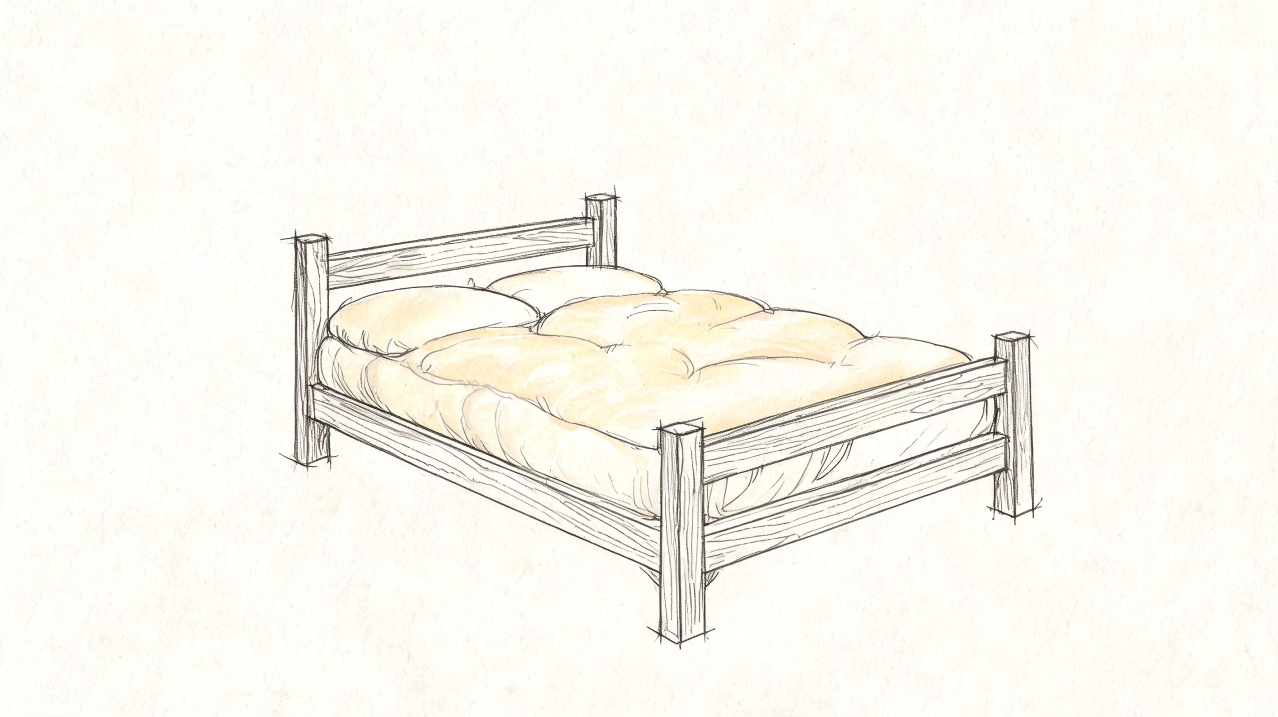 A simple hand-drawn sketch of a wooden bed frame with a soft, plush mattress and pillows.