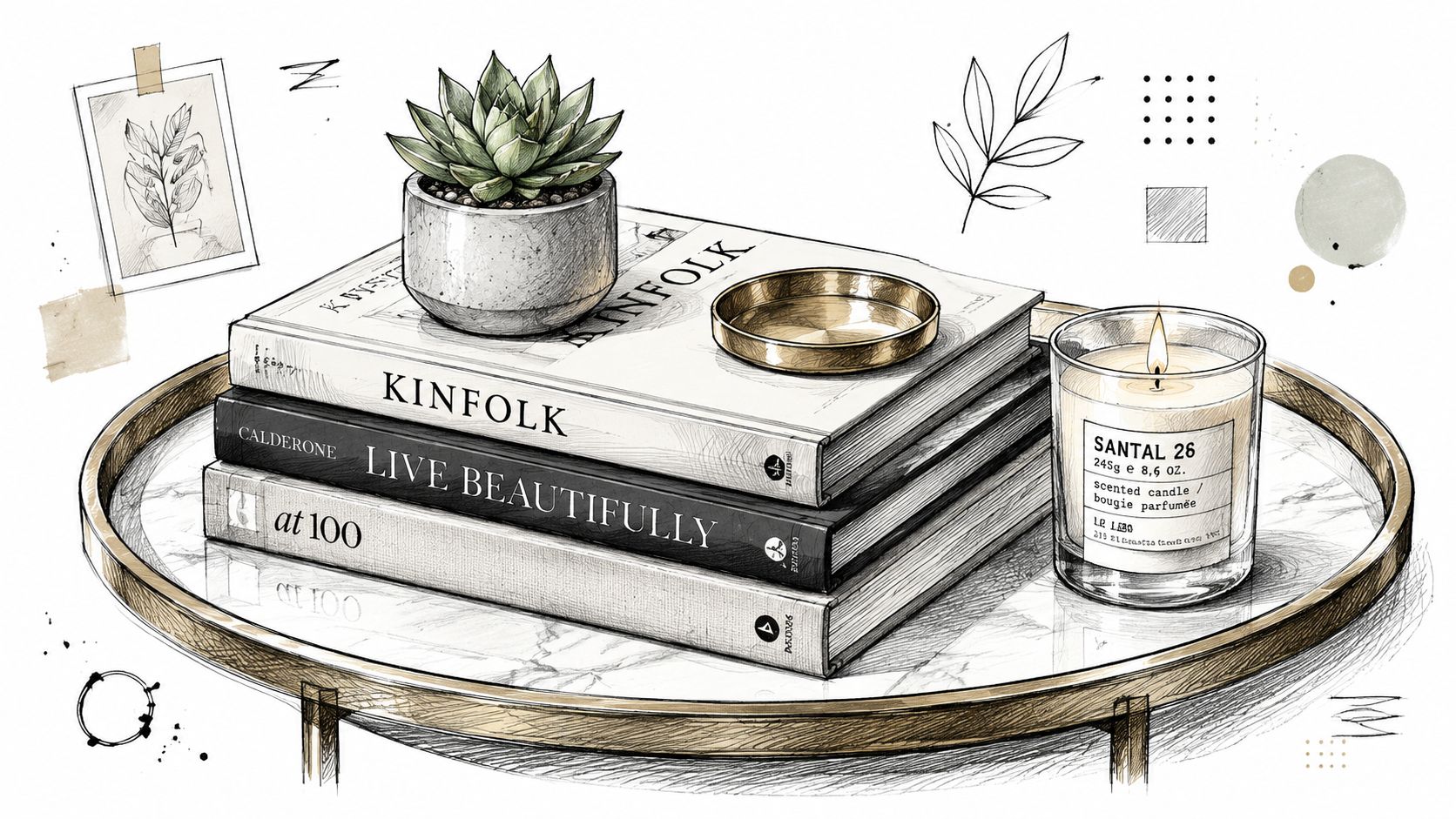 A hand-drawn illustration of a stylish coffee table display with books, a small succulent, and a candle.