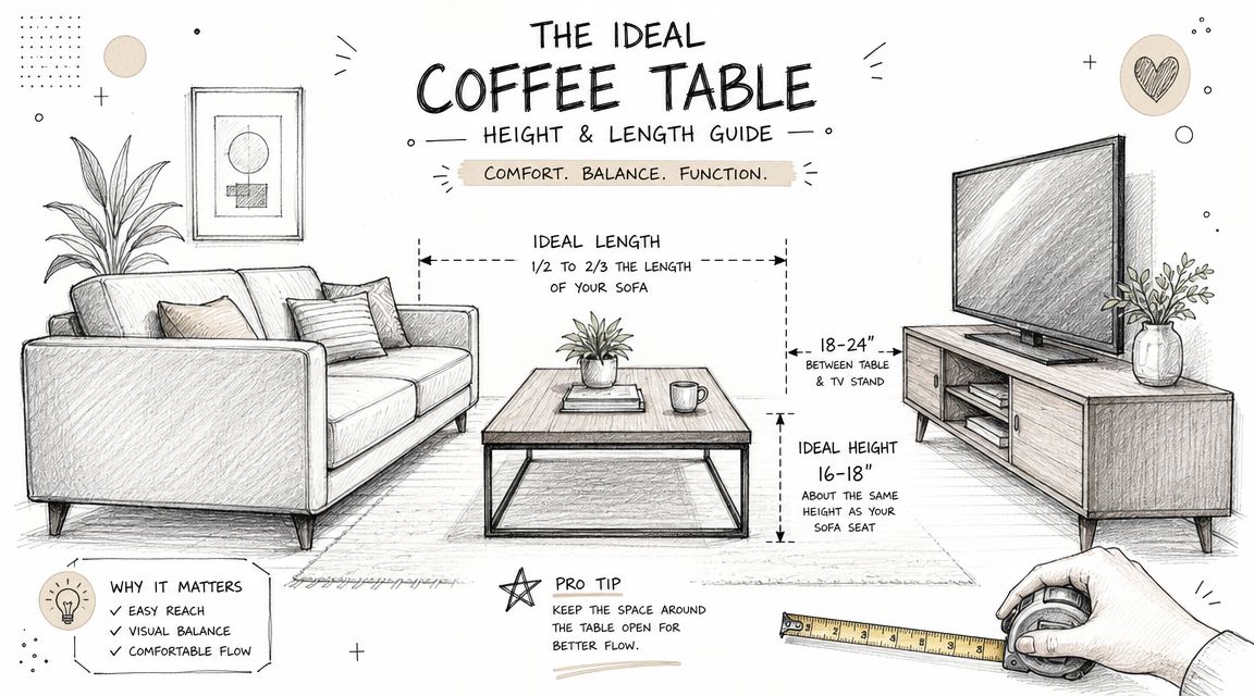 A hand-drawn illustration showing the ideal coffee table height and length guide for a living room.