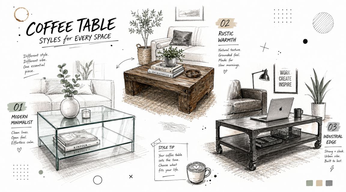 A hand-drawn illustration showcasing three distinct styles of coffee tables: modern minimalist, rustic, and industrial designs.