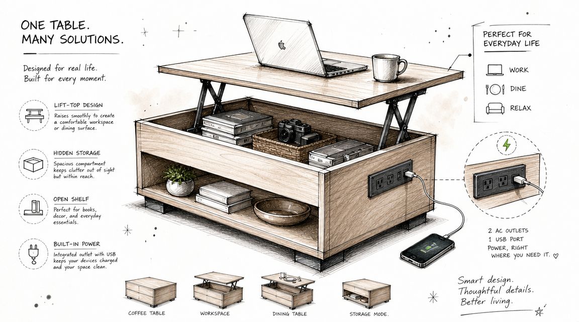 A sketch illustration of a versatile coffee table with lift-top functionality, hidden storage, open shelving, and integrated power outlets.