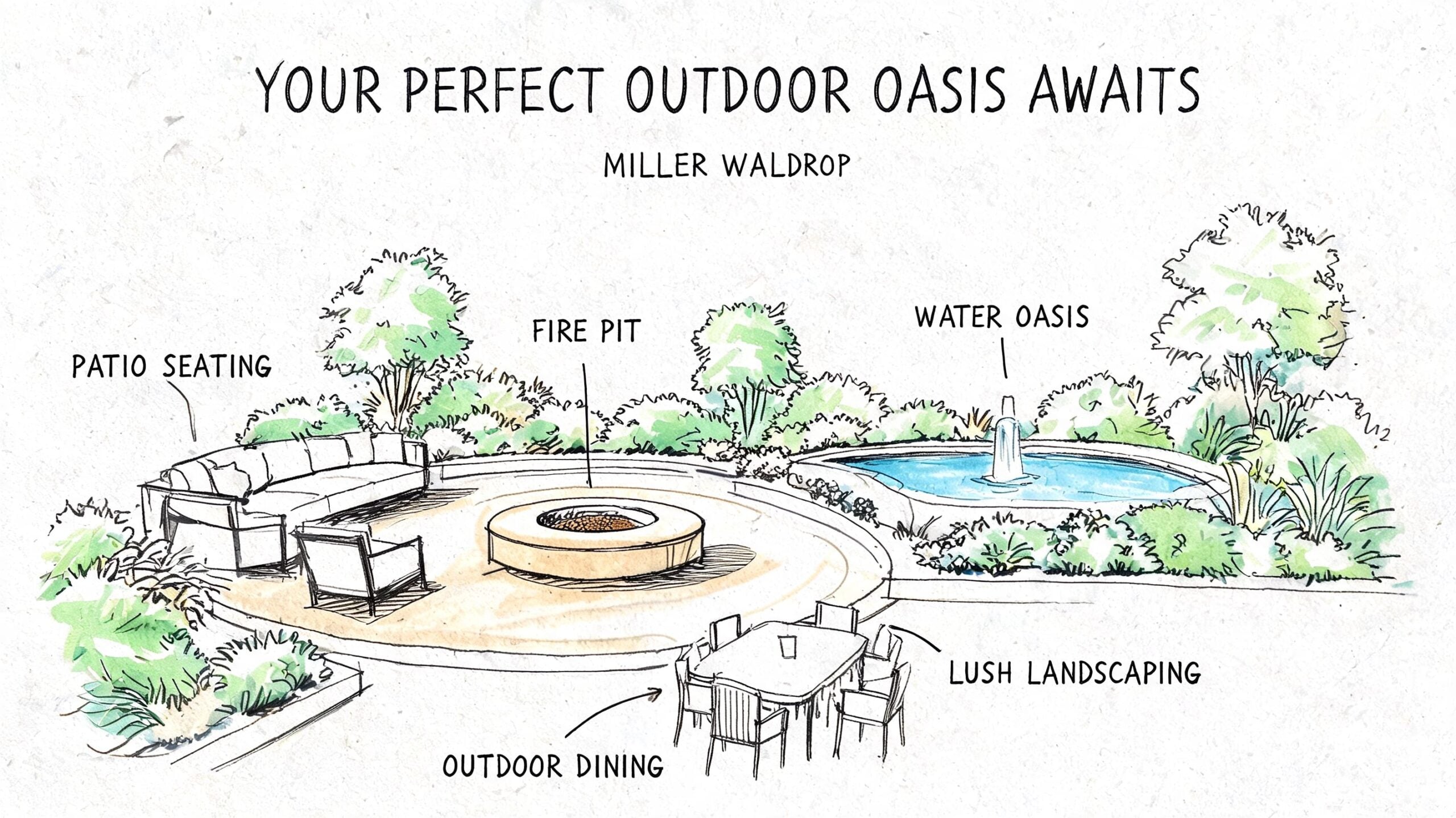A conceptual landscape design sketch showing an outdoor patio with a fire pit, dining area, and water feature.