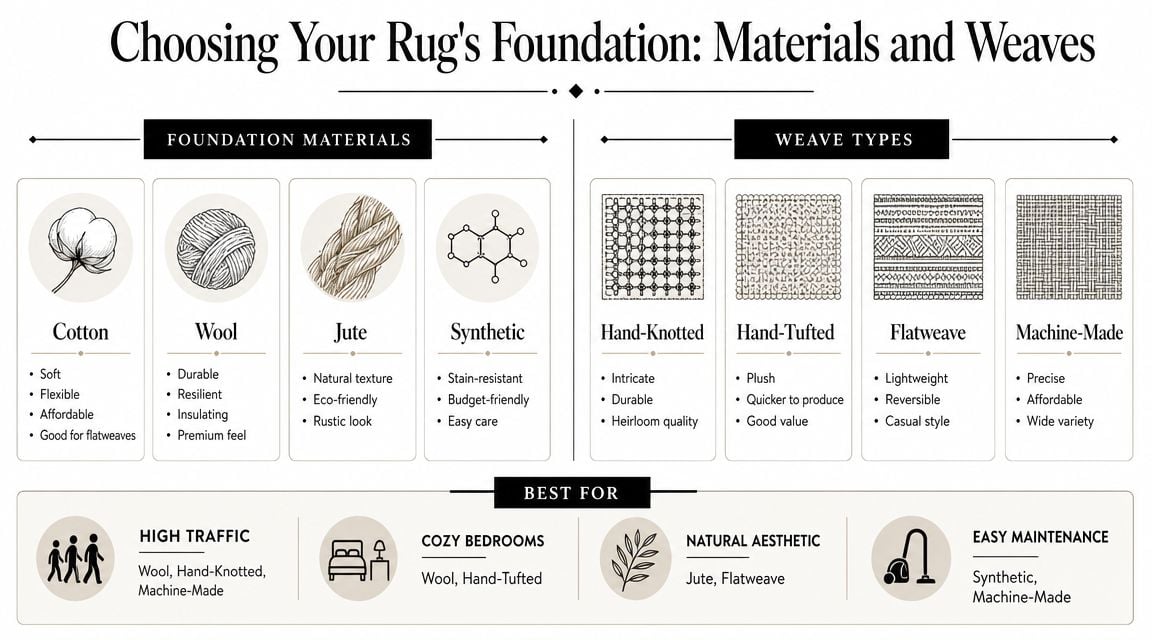 An infographic titled Choosing Your Rug's Foundation detailing materials, weave types, and best usage scenarios.