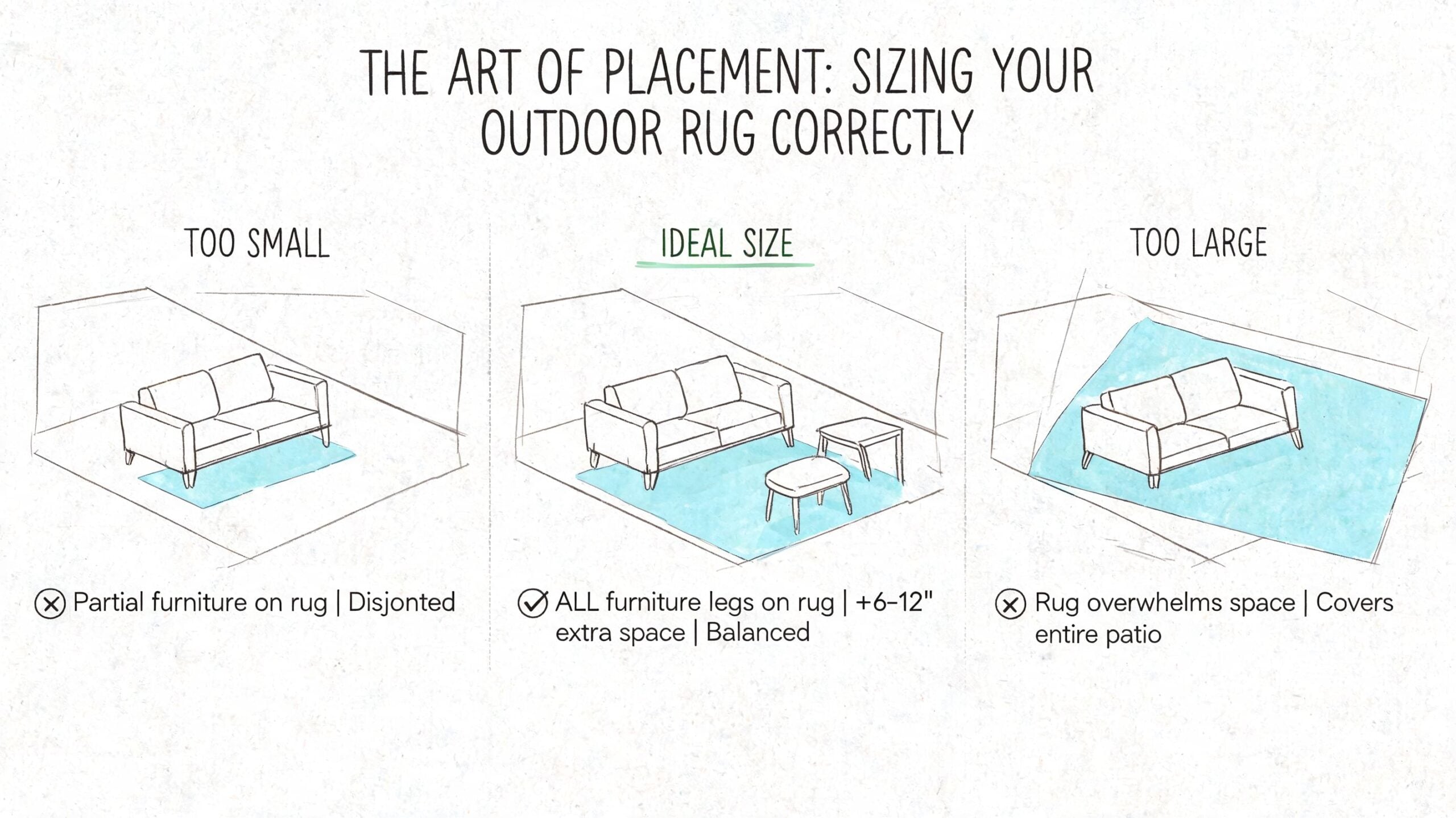 A diagram illustrating how to correctly size an outdoor rug under patio furniture for a balanced look.