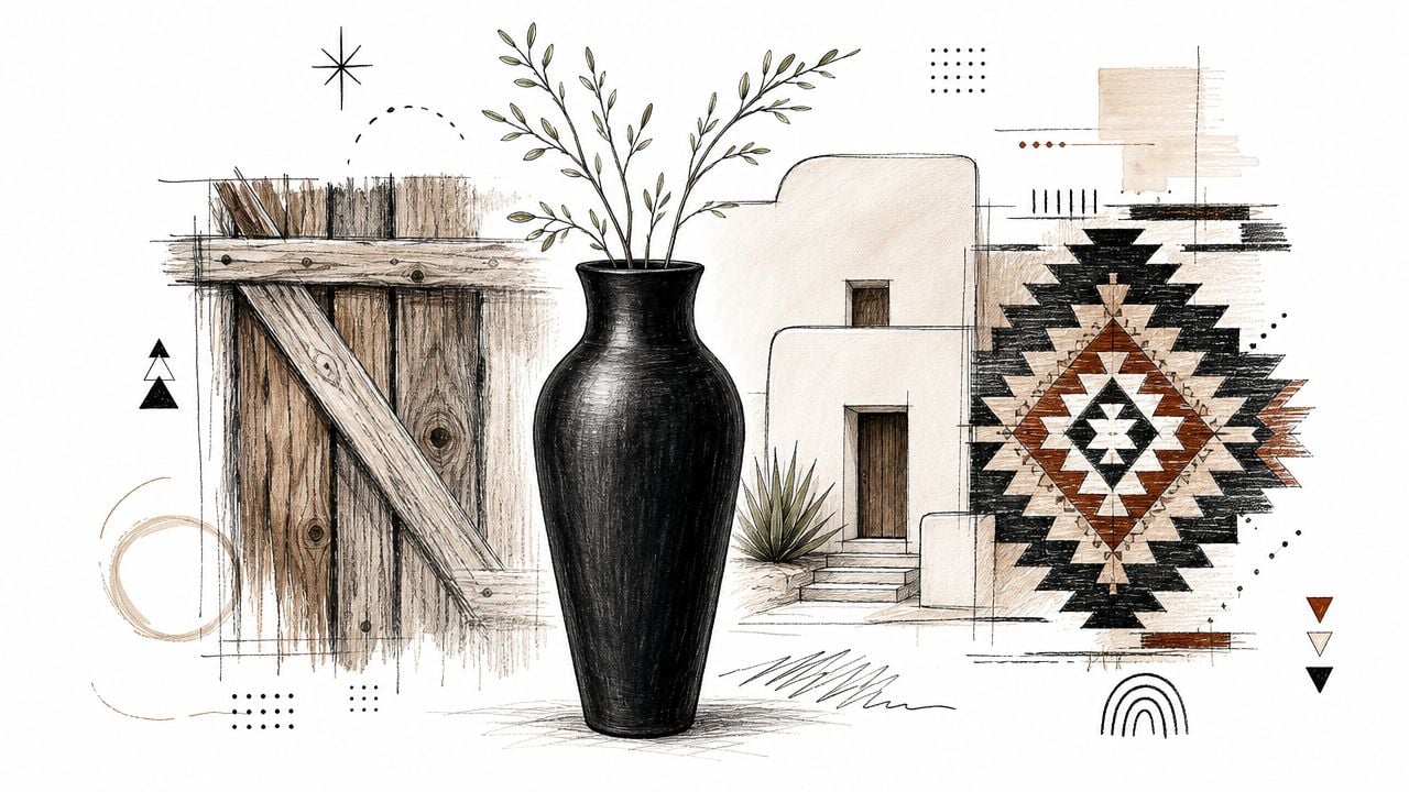 An artistic pencil sketch showing a black floor vase, rustic wood paneling, southwestern architecture, and geometric patterns.
