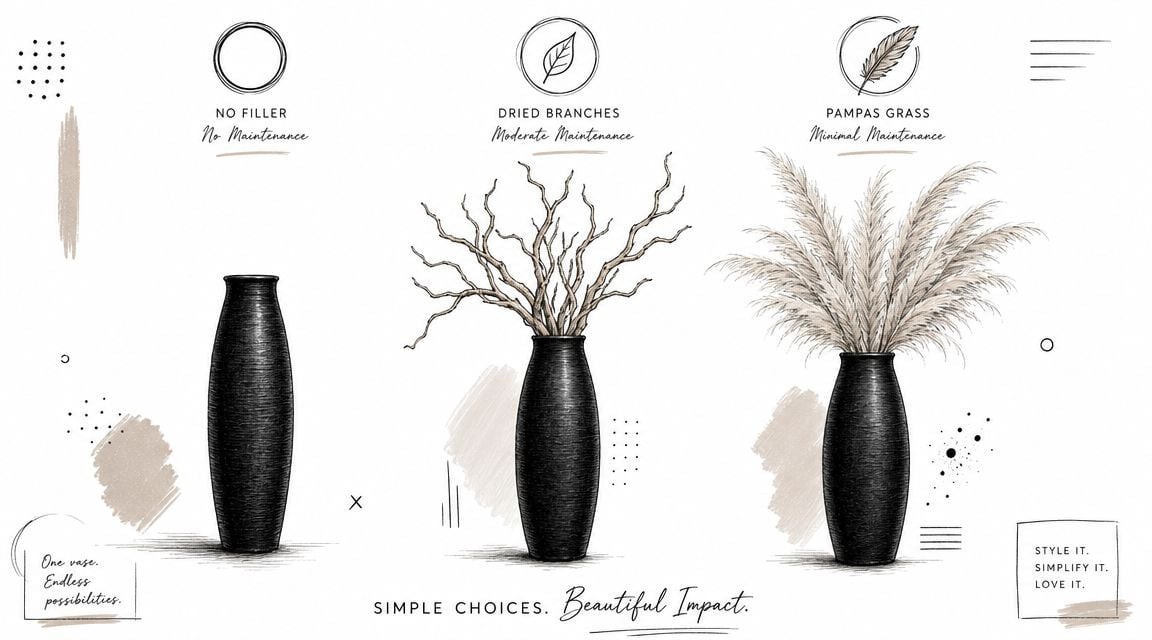 A black floor vase shown styled with no filler, dried branches, and pampas grass for simple home decor.