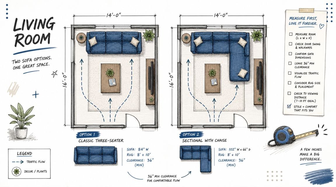 A diagram comparing two living room layouts featuring a blue denim sofa and a sectional with a chaise.