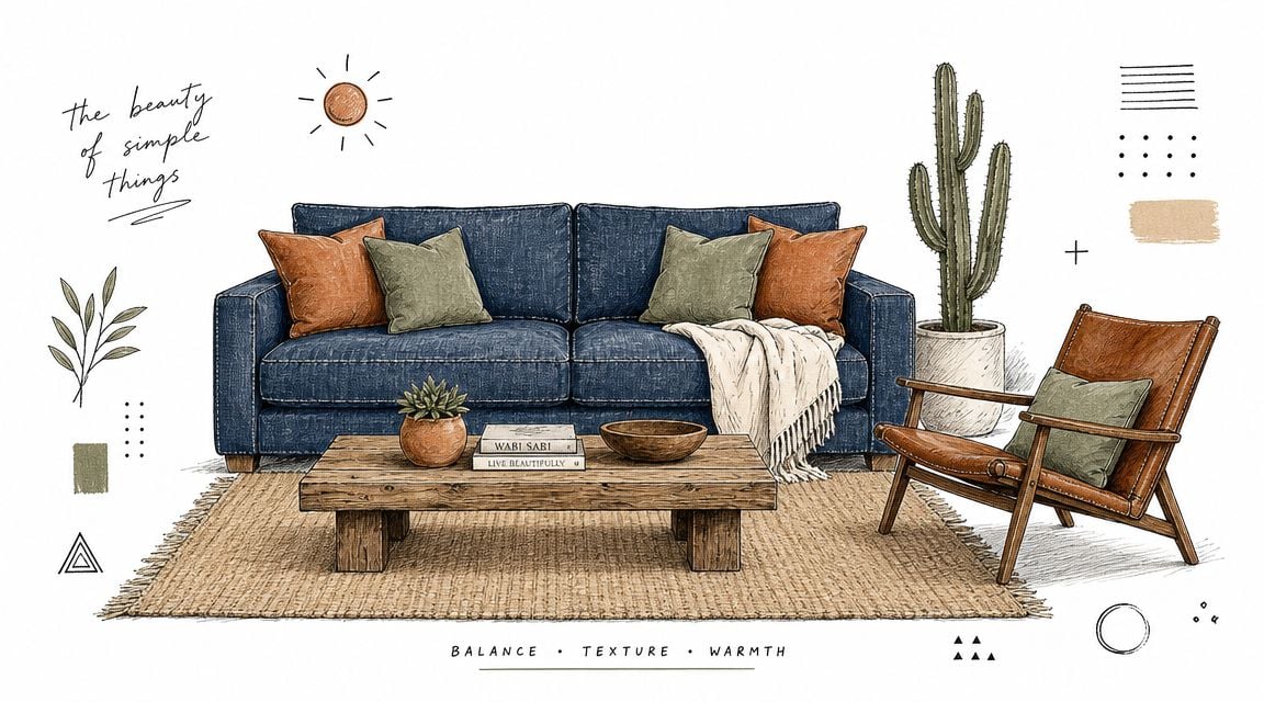 A hand-drawn illustration of a blue denim sofa with throw pillows and an armchair on a rug.