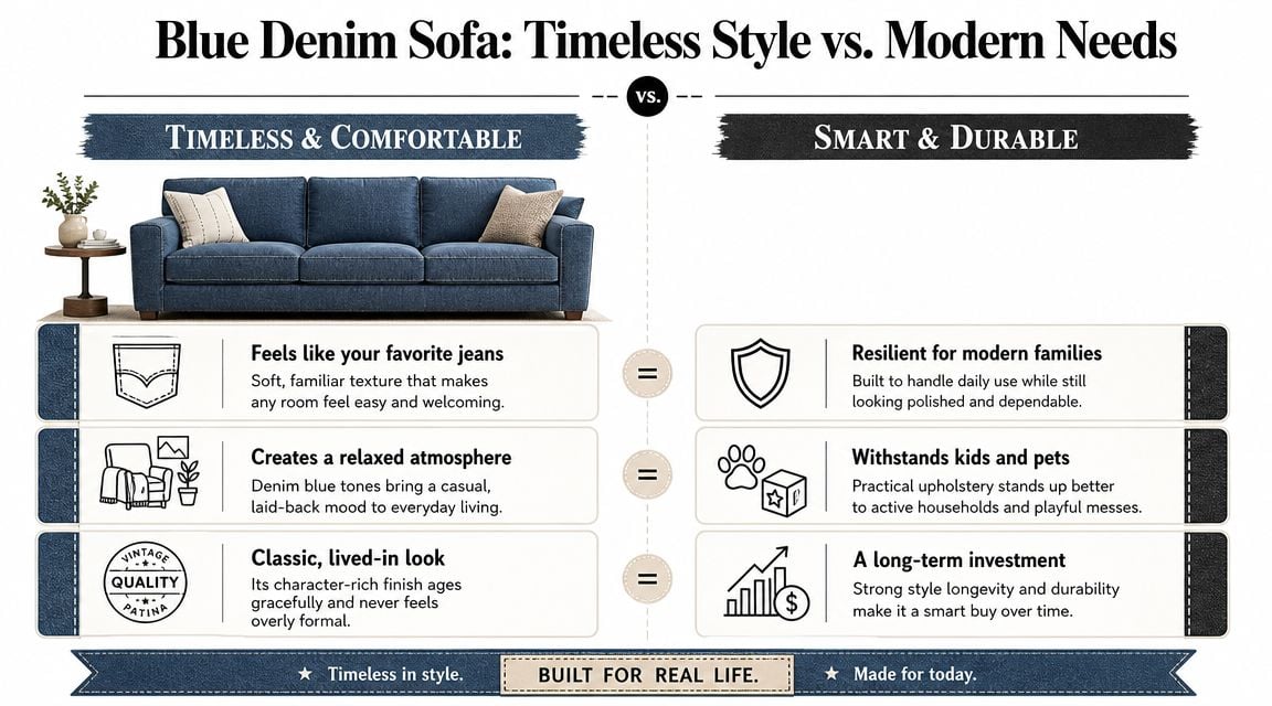 An infographic comparing the timeless comfort of a blue denim sofa with its modern durability and practicality.