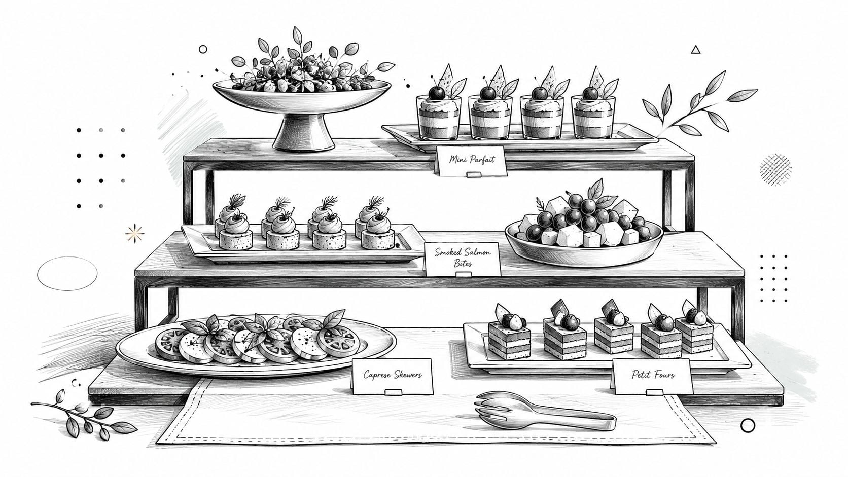 A black and white line drawing of a three-tiered catering buffet display featuring various appetizers and desserts.
