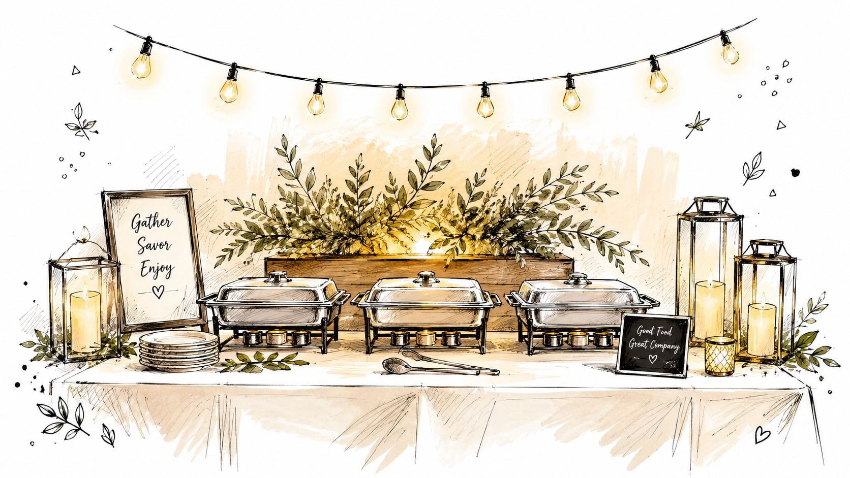 A hand-drawn illustration of an elegant catering buffet table decorated with lanterns, foliage, and string lights.