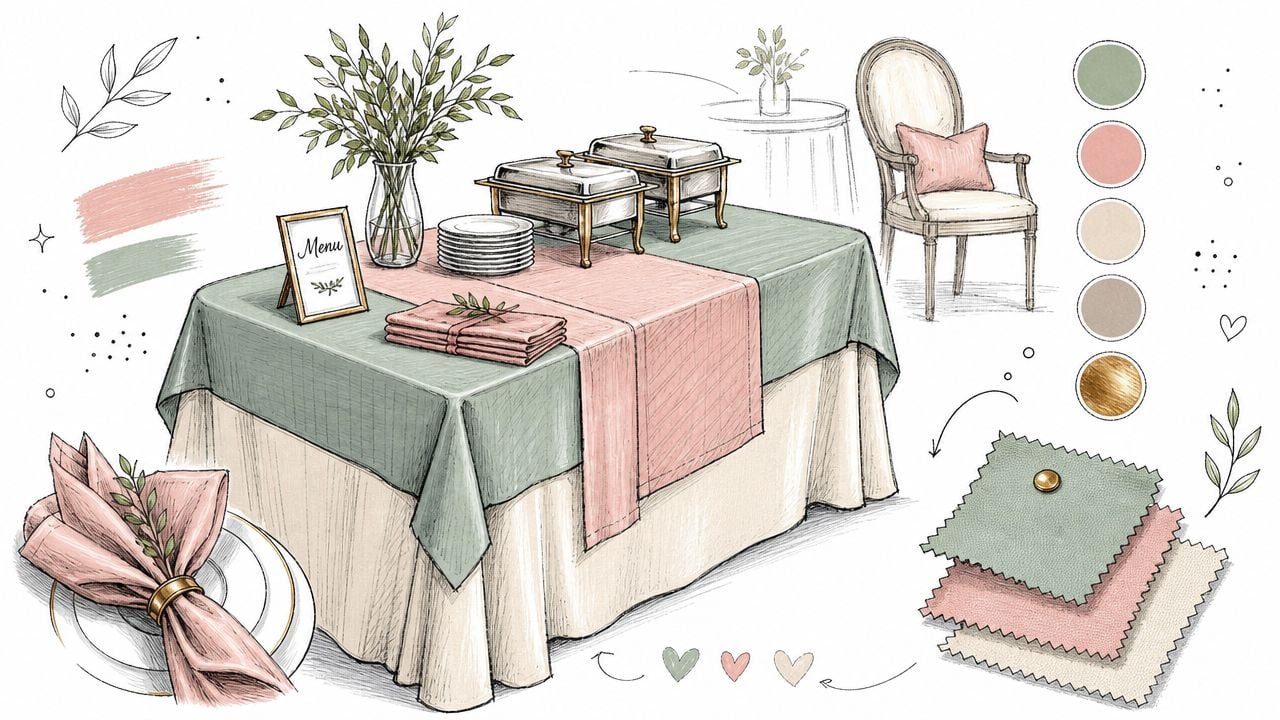 A hand-drawn illustration showing buffet table decorating ideas with blush and sage green color palettes.