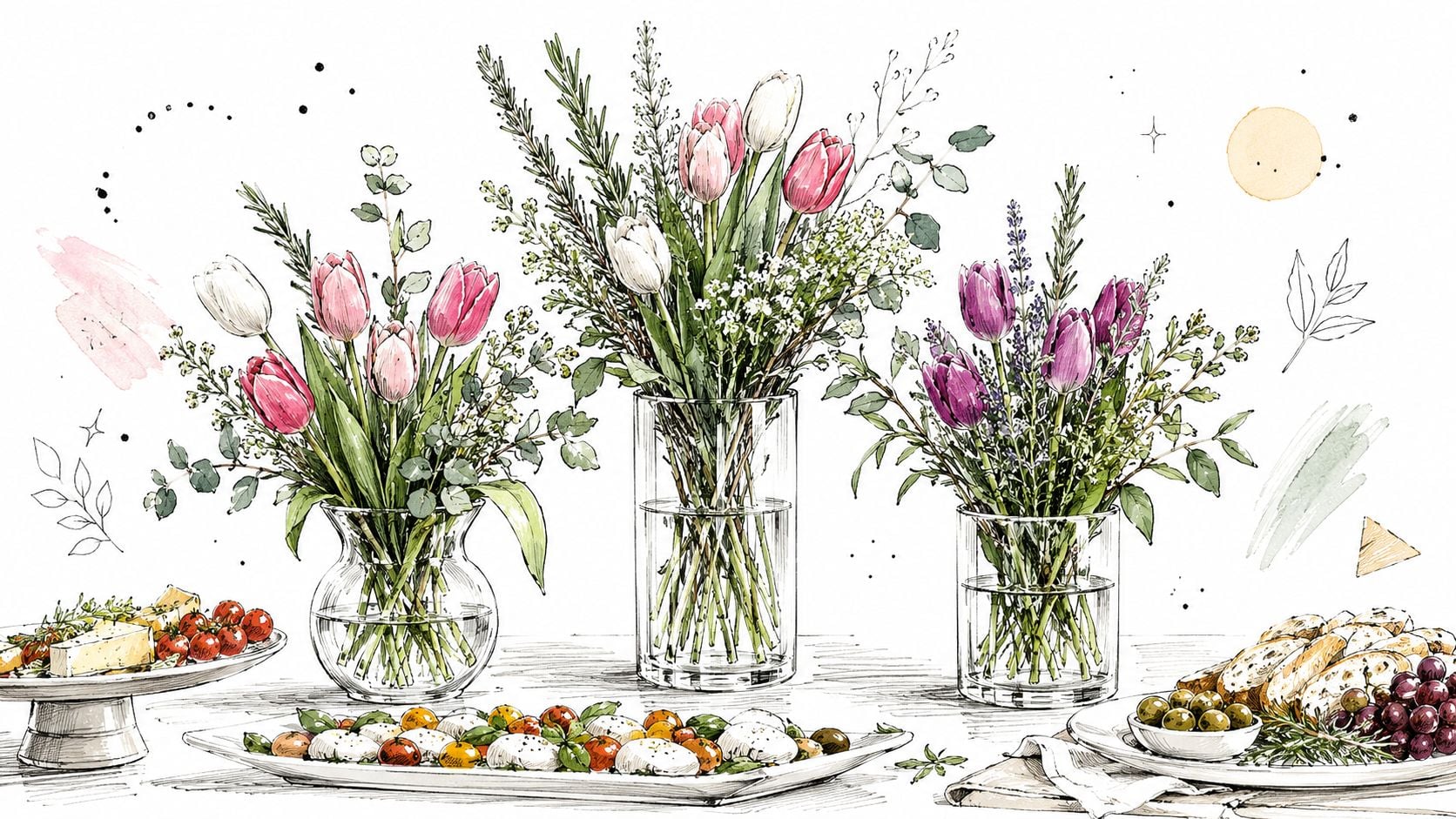 A hand-drawn illustration of a decorative table with flower vases, bread, grapes, and mozzarella tomato appetizers.