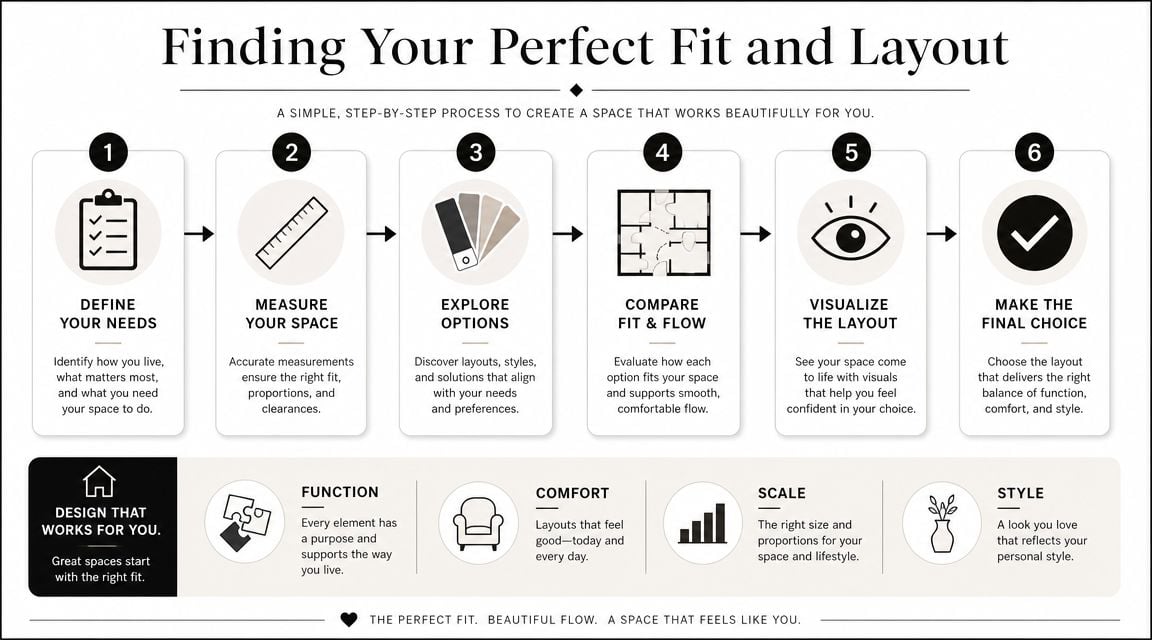 A six-step infographic illustrating a process for interior design, space planning, and achieving functional home layouts.