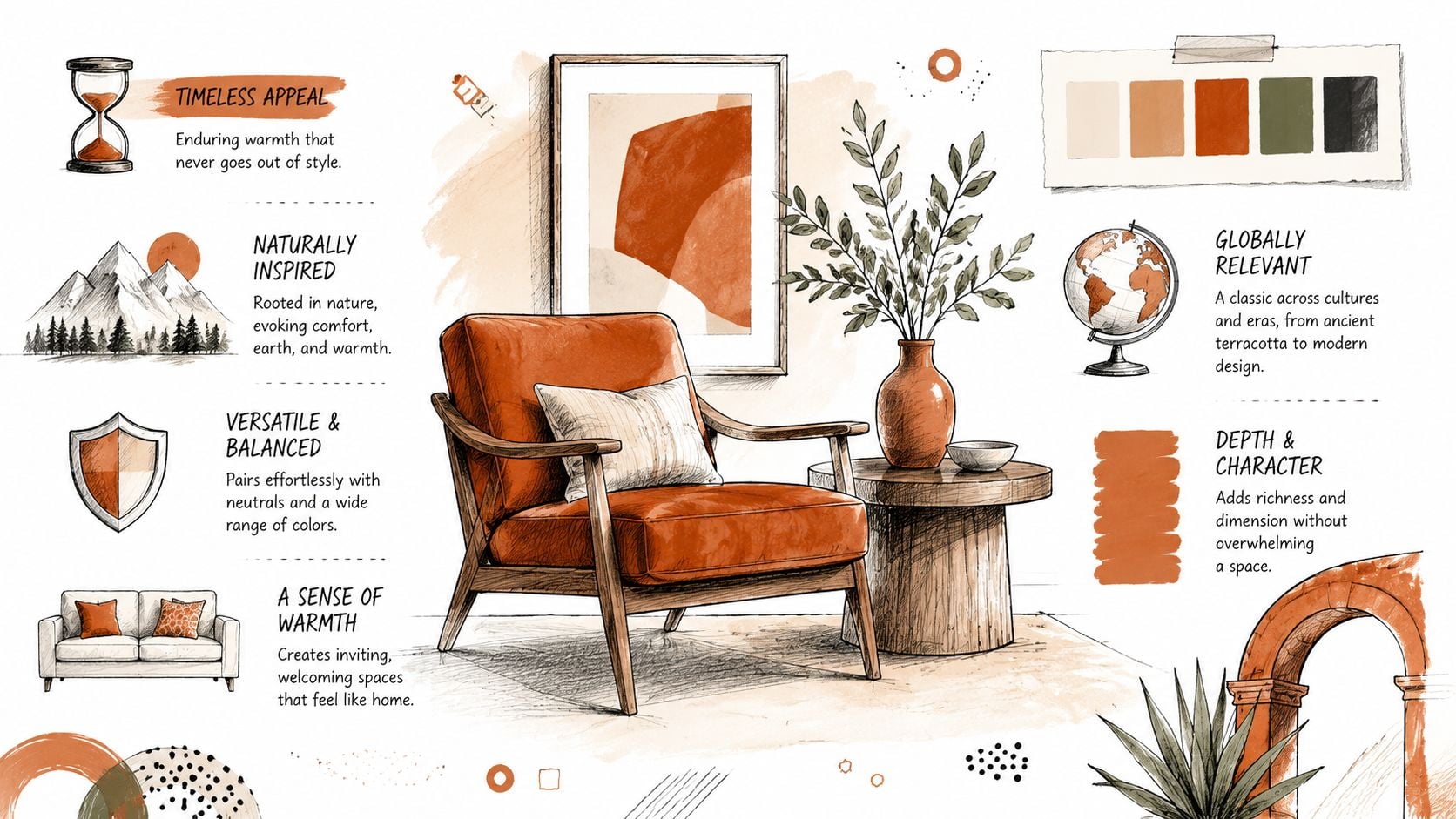 An interior design concept board showcasing terracotta and burnt orange decor with furniture, sketches, and color swatches.