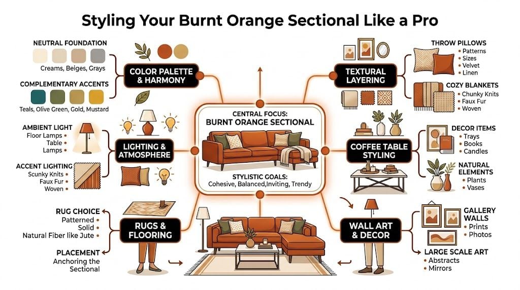 An infographic showing interior design tips for styling a burnt orange sectional sofa in a living room.