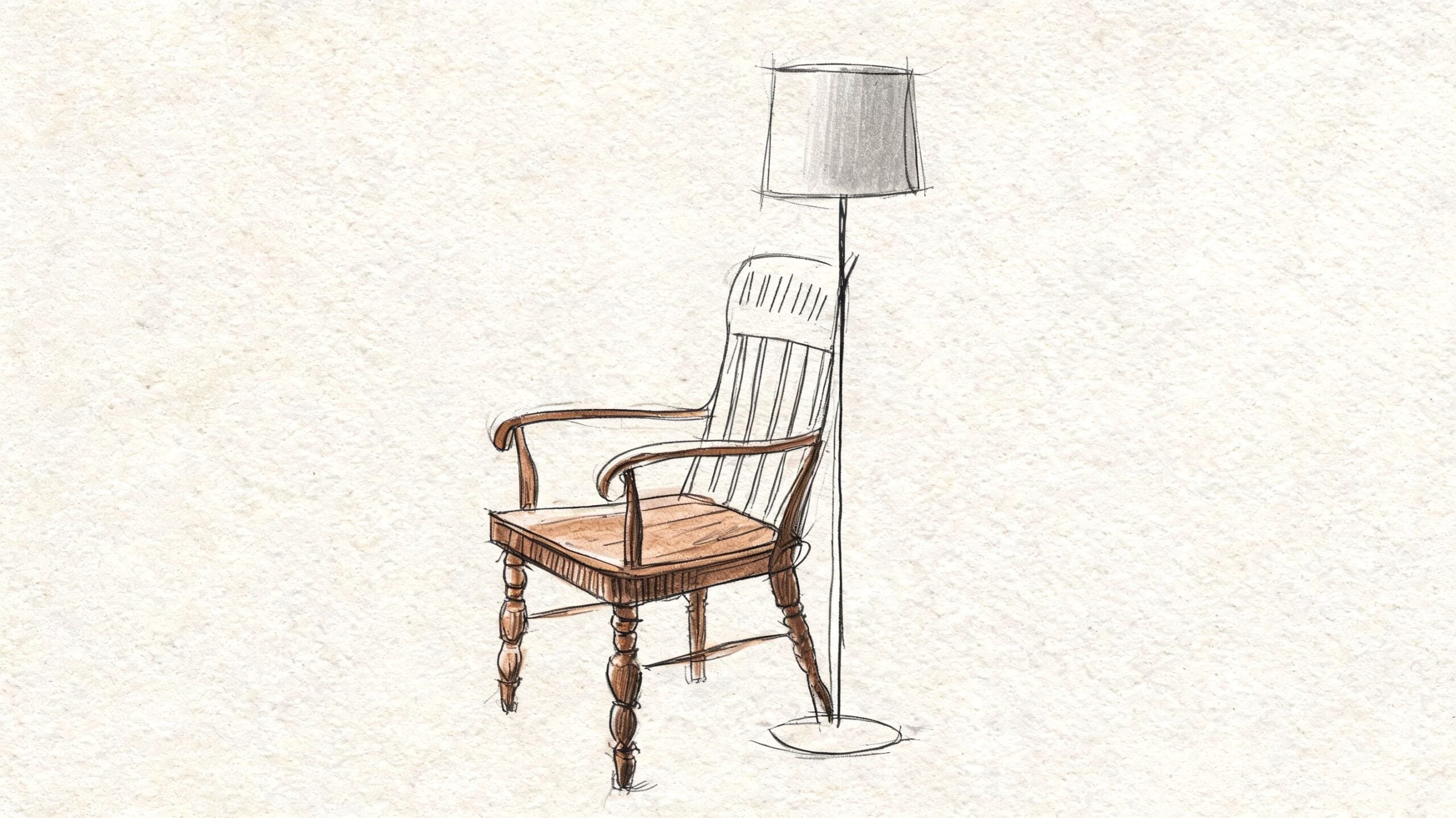 A hand-drawn sketch of a wooden spindle-back armchair placed next to a simple standing floor lamp.