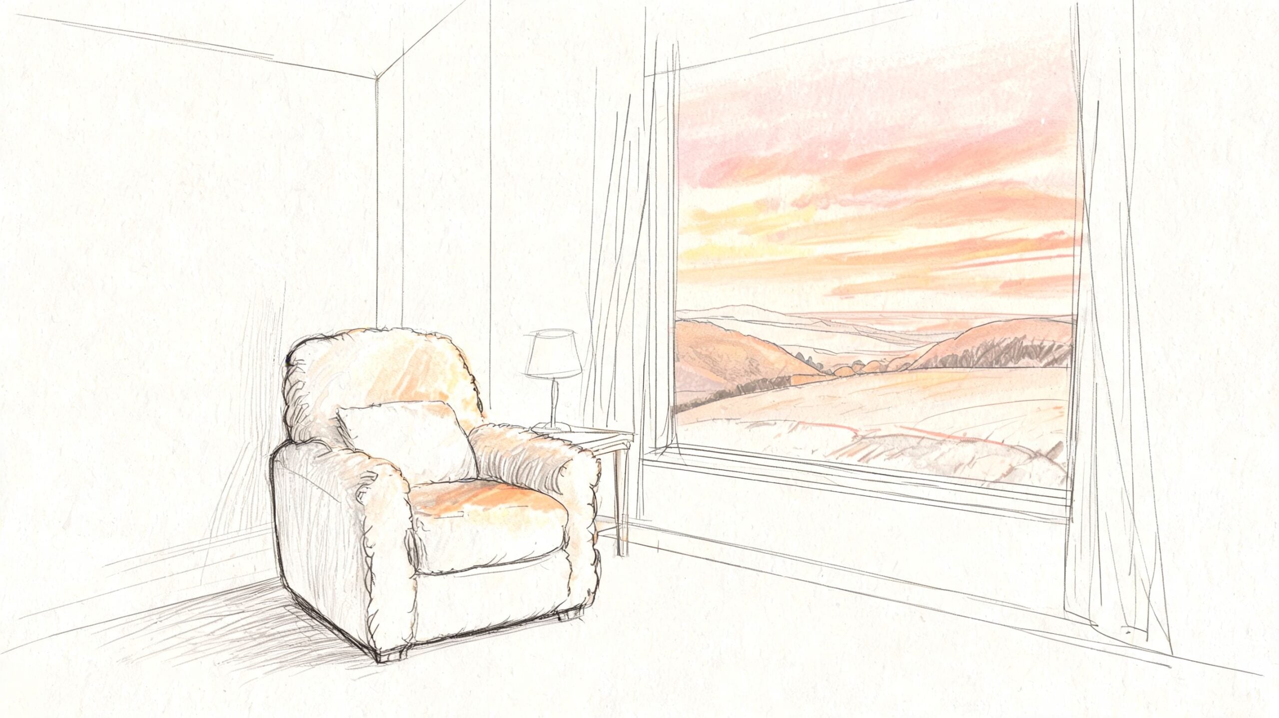 A cozy armchair sits next to a lamp in a room with a scenic window view.