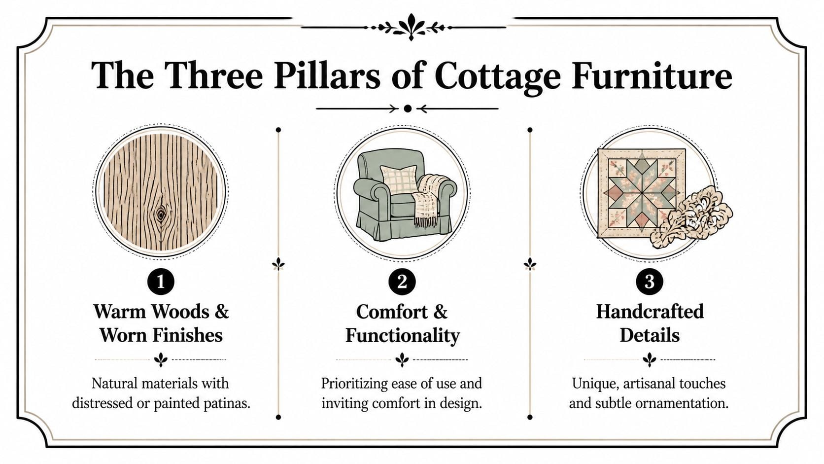 An infographic detailing the three key pillars of cottage furniture style: warm woods, comfort, and handcrafted details.